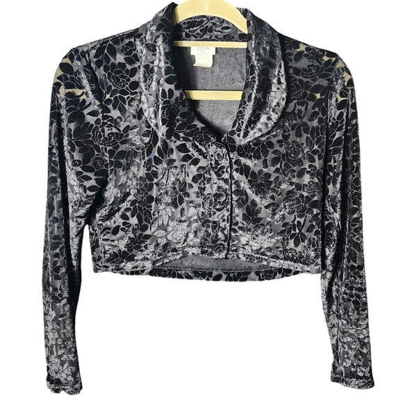 Vtg S 90s Y2K Epix USA Black Burnout Velvet Button Up Cropped Shirt Whimsygoth - Picture 1 of 7